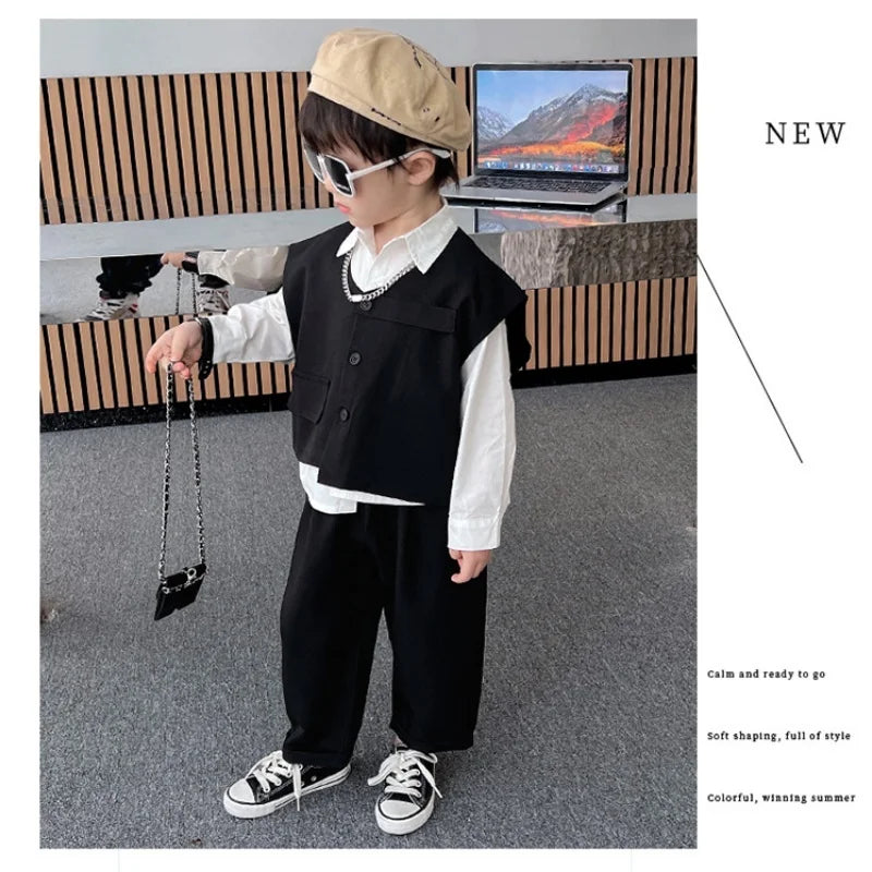 2026 Children Sets Shirts Turn-down Collar Vest Single Breasted Pants Ankle Length Loose Solid Soft Simple Casual Autumn Boys
