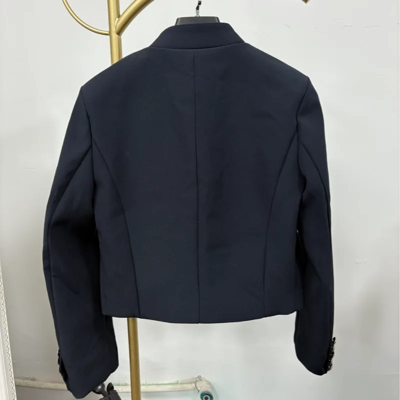 Women's Napoleon Style Black Cropped Jacket Coat Long Sleeve Tops Braided Button Trim Vintage Slim Fit Fashion Lady Outerwear
