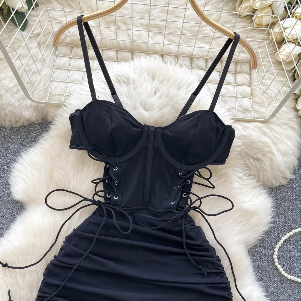 SINGREINY Summer Short Strap Dress Ladies Strapless Lace Up Hollow Out Design Pleated Slim Fit Print Sexy Clubwear Bodycon Dress