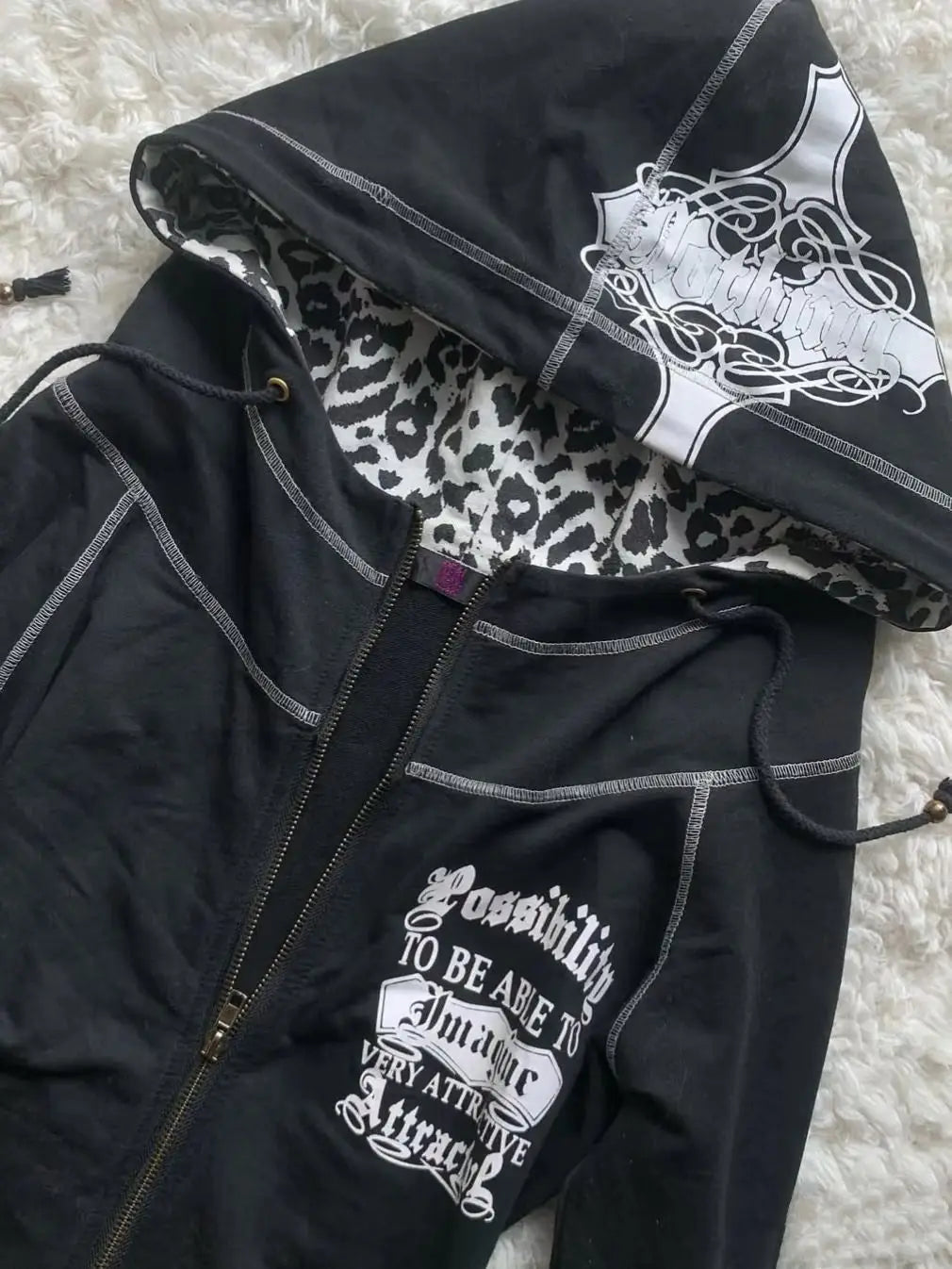 Slim Fit Spicy Girl Vintage Versatile Leopard Printed Black Sweatshirts Gothic Harajuku Autumn/winter Cardigans Kawaii Clothes
