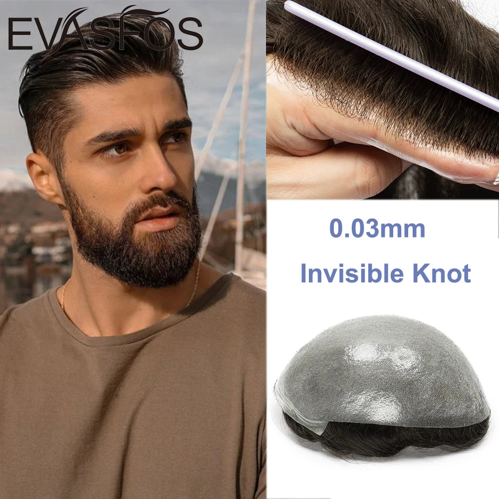 Invisible Knots Men Capillary Prosthesis Wig For Men 0.03mm Ultra Thin Skin Hair Replacement Men Toupee Natural Hair System Men
