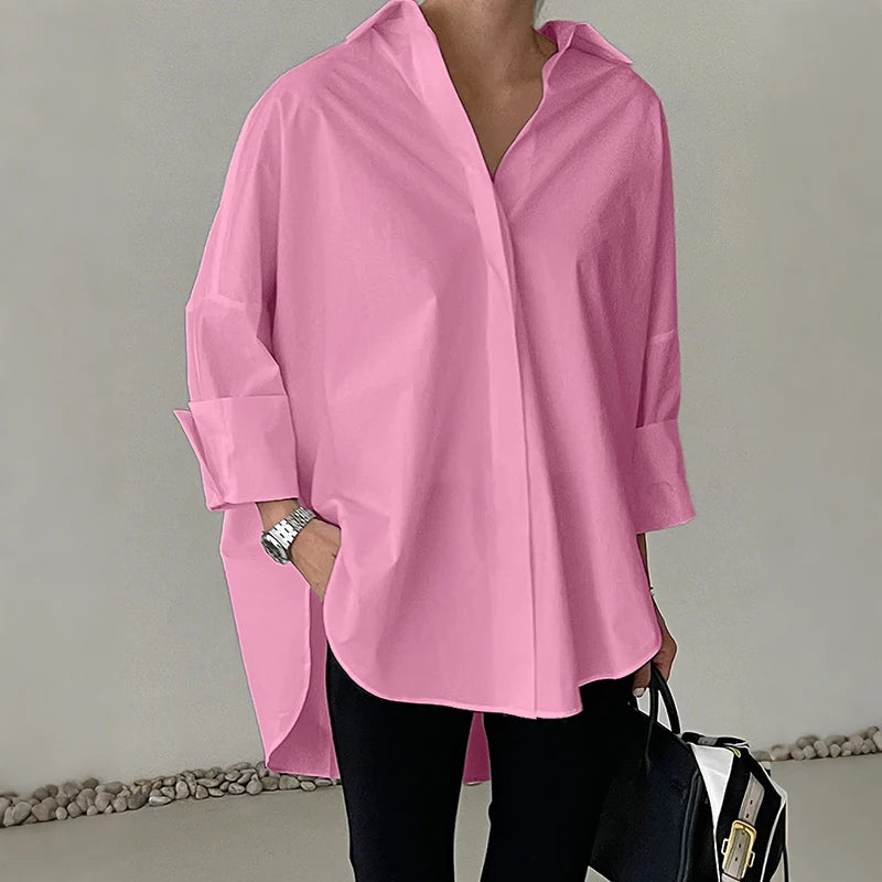 ZANZEA Oversized Women's White Shirts Turn-Down Collar Long Sleeve Button Up High-Low Solid Color Tops 2025 Autumn Streetwear