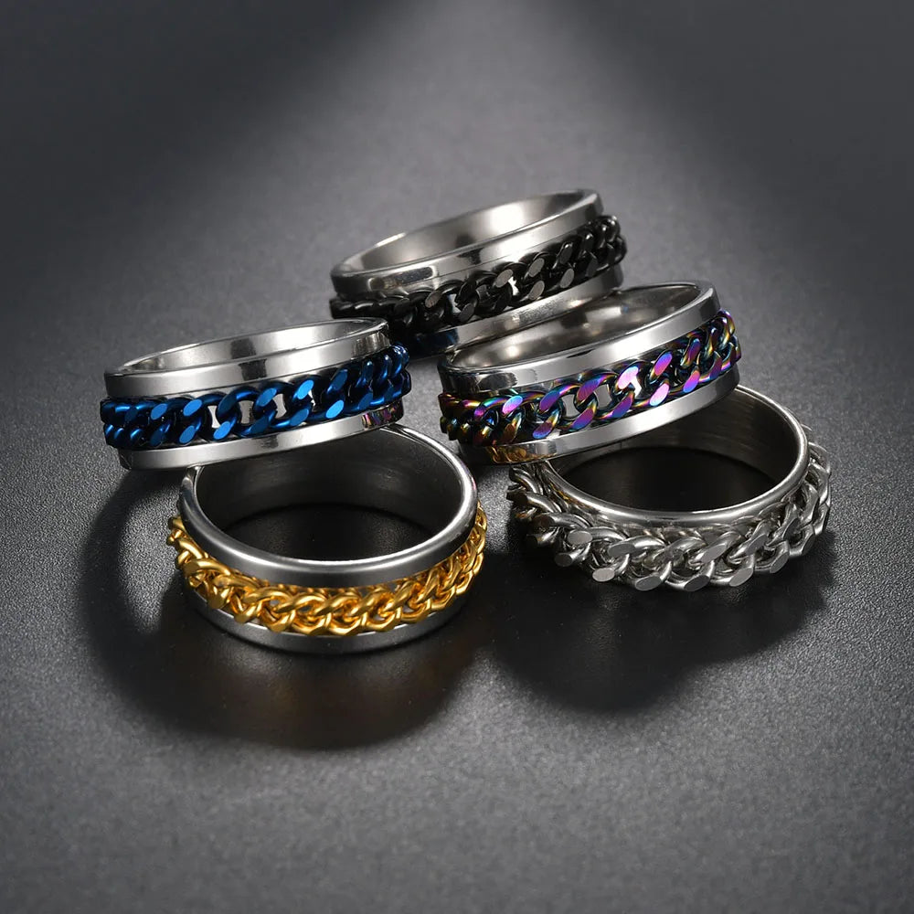 Stress Ring For Stainless Steel Rotatable Chain Fidget Metal Spinner Men Band Ring Jewelry Anillos De Hombres