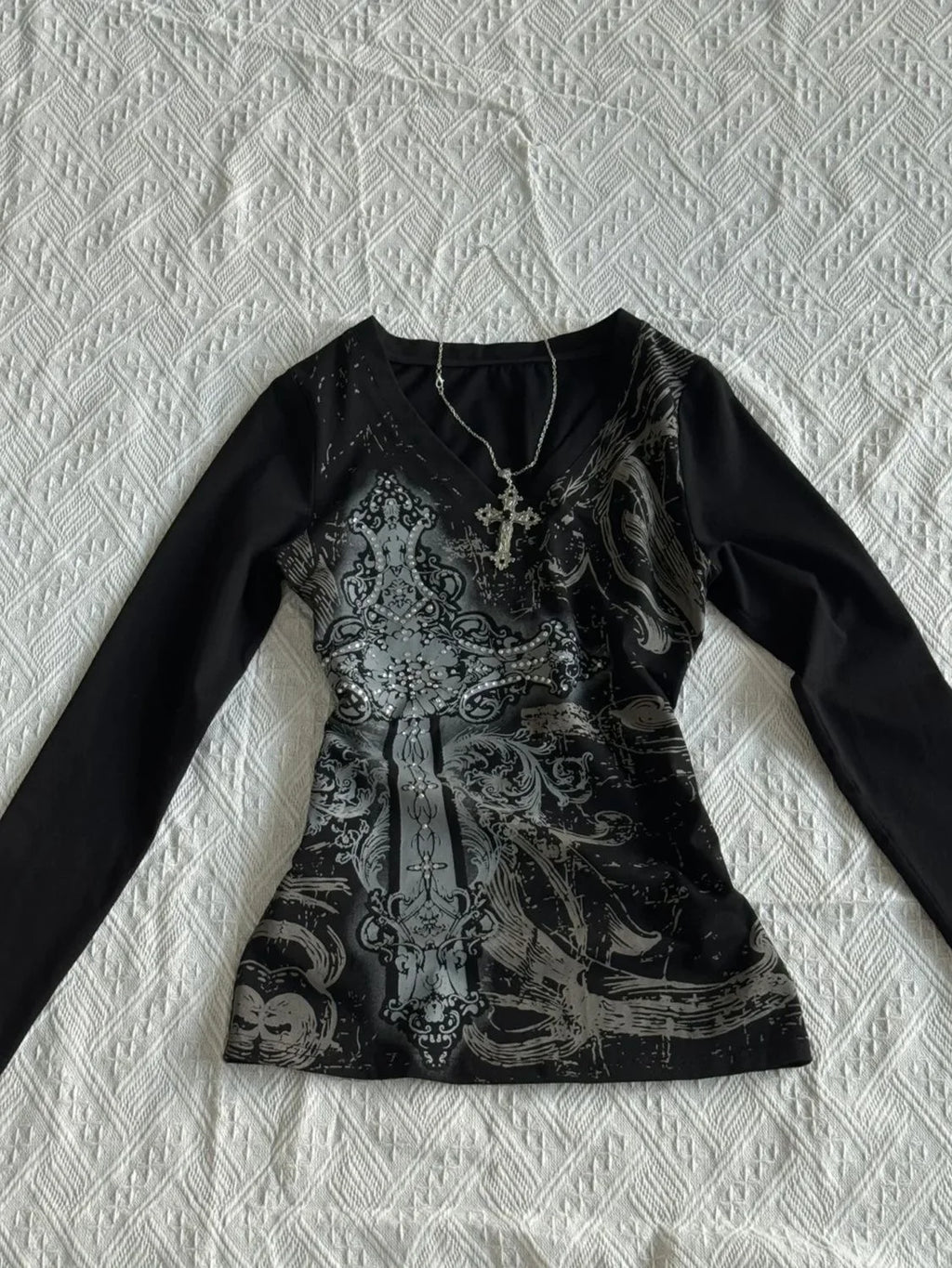 V-Neck Slim and Versatile Punk Full Printed Long-sleeves Europe and America Fashionable Tops for Women's Y2k Sweatshirts