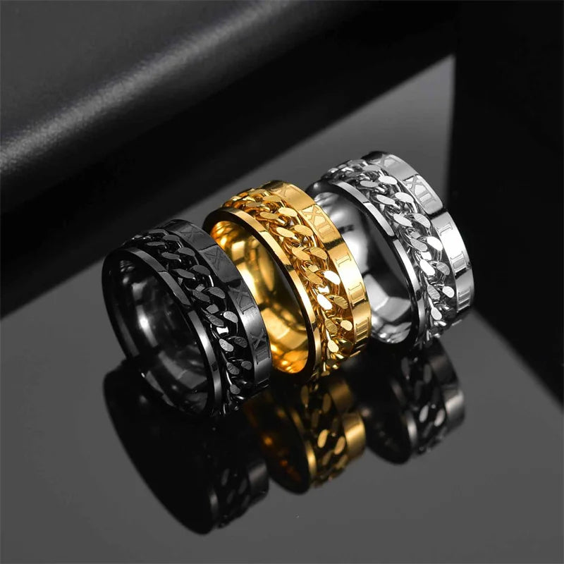 Titanium Steel Rotatable Chain Fidget Spinner Mens Rings Multifunction Anti Stress Knuckle Ring Accessories Anillo Hombres
