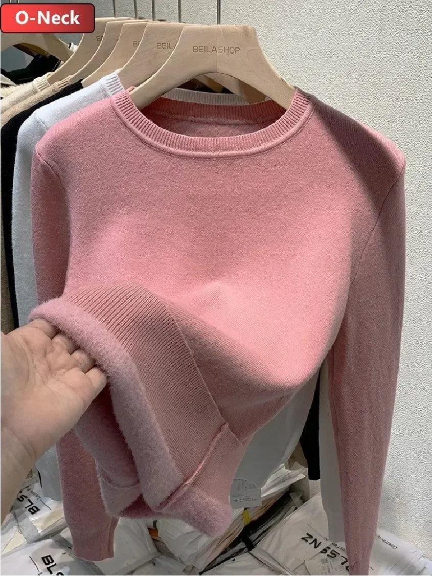Winter Warm Sweater Pullover Women Slim Thicken Plush Velvet Lined Knitwear Jumper Korean Half Turtleneck Poleras Soft Knit Tops