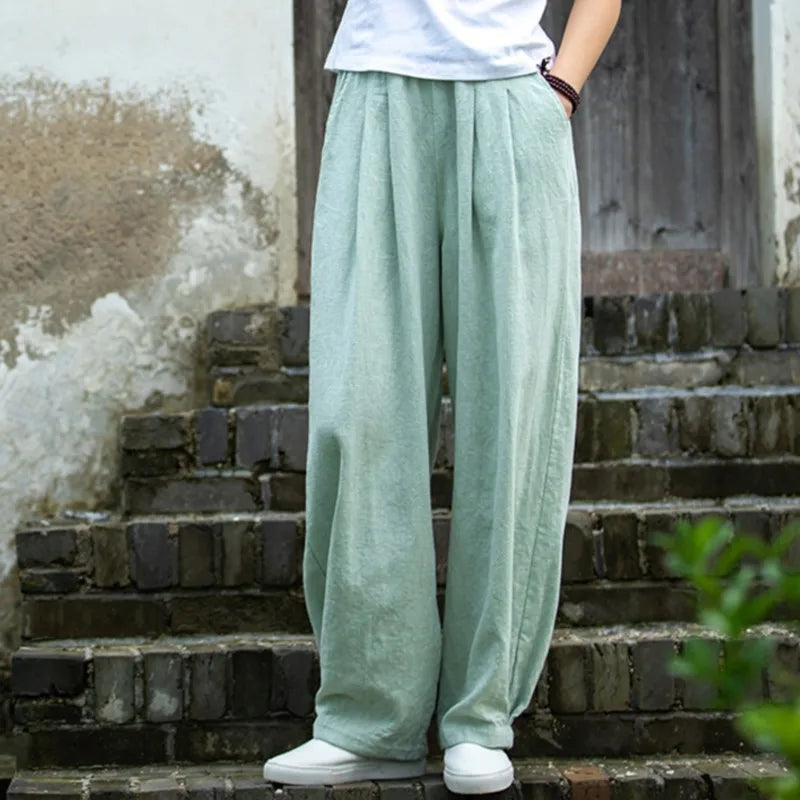 Johnature Women Vintage Solid Color Long Pants Linen Elastic Wasit 2025 Spring New Trouser Pockets Loose Women Straight Pants