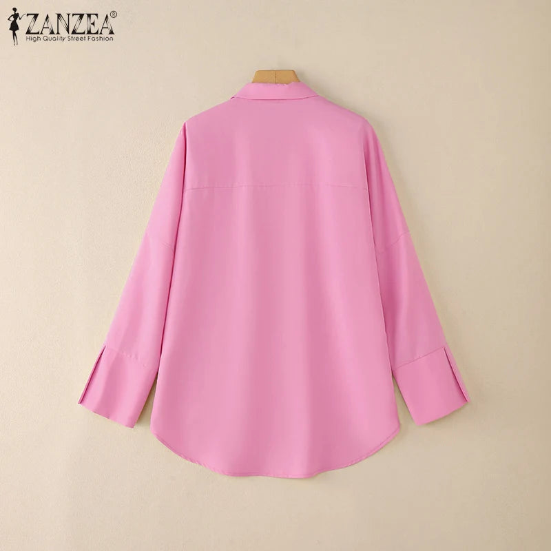 ZANZEA Oversized Women's White Shirts Turn-Down Collar Long Sleeve Button Up High-Low Solid Color Tops 2025 Autumn Streetwear
