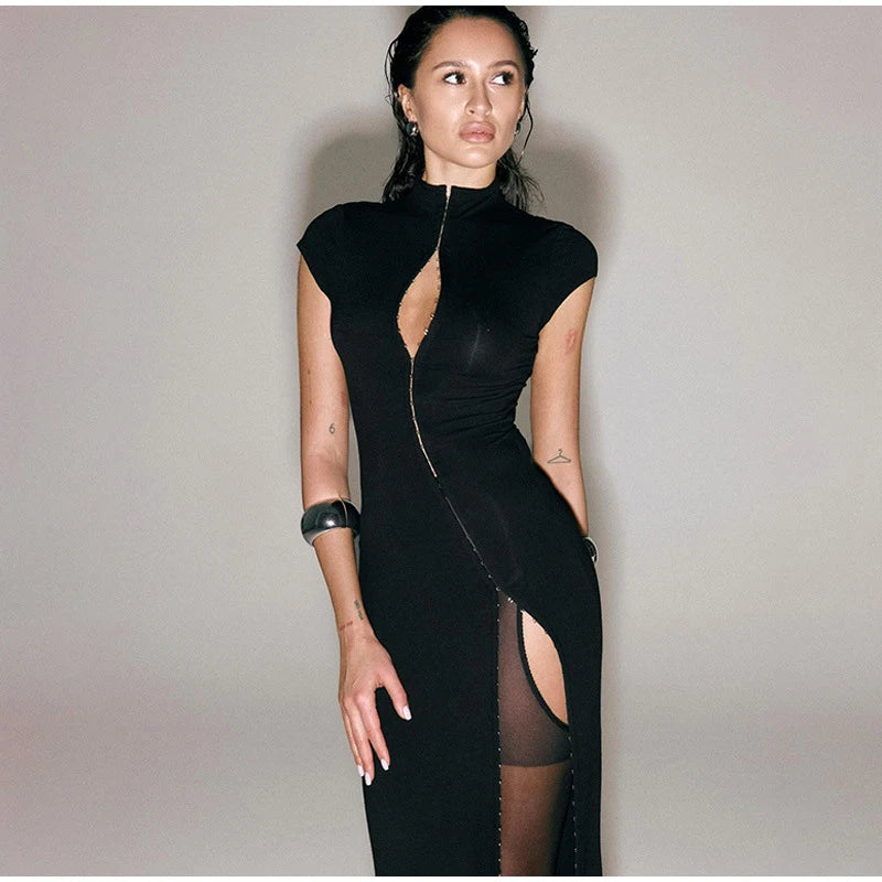 Black Women Hollow Out Slit Dress Sexy Short Sleeve Solid High Neck Slim Fit Maxi Dresses Lady Fashion Evening Party Club Robe