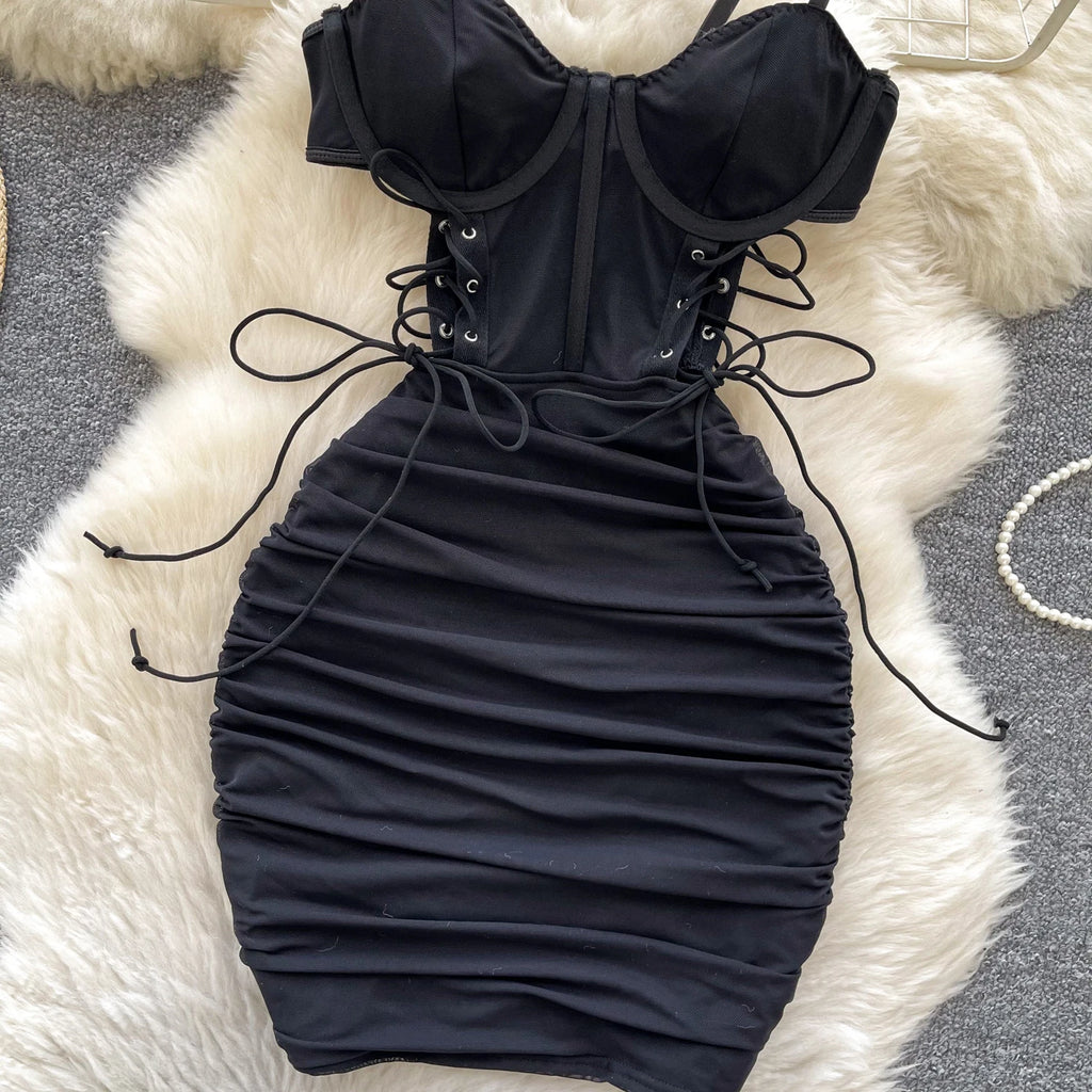 SINGREINY Summer Short Strap Dress Ladies Strapless Lace Up Hollow Out Design Pleated Slim Fit Print Sexy Clubwear Bodycon Dress