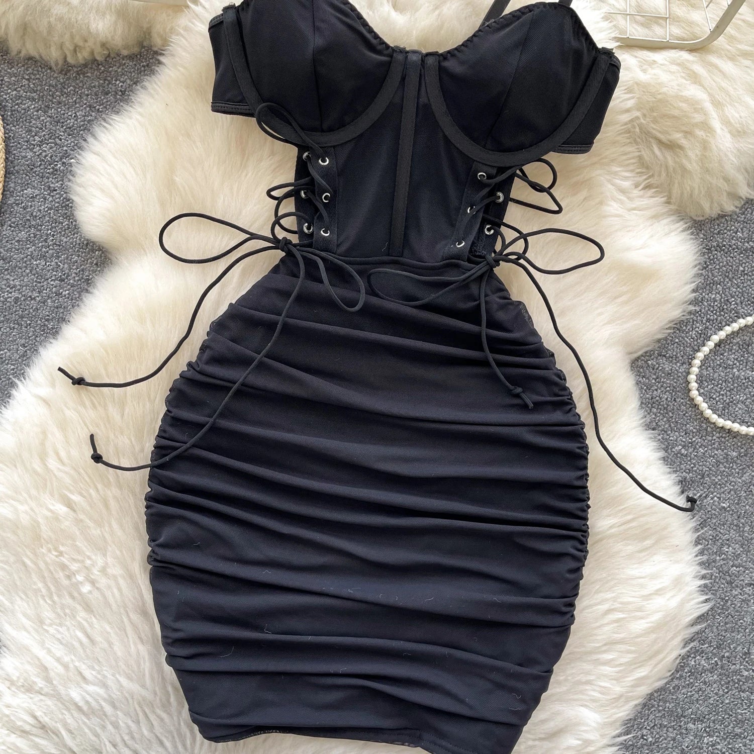SINGREINY Summer Short Strap Dress Ladies Strapless Lace Up Hollow Out Design Pleated Slim Fit Print Sexy Clubwear Bodycon Dress