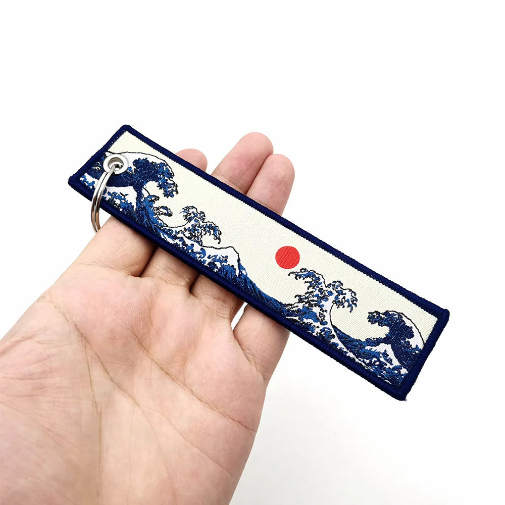 1/2pcs Japanese Waves Art Drawing Embroidery Fobs Backpack Key Tags Motorcycles Keychain Keyrings Cosplay Accessories Gift
