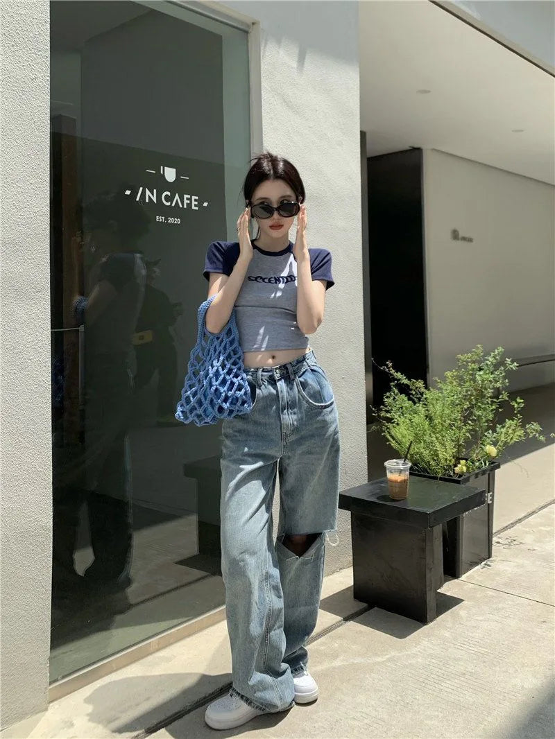 Y2K Women T Shirt Patchwork Letter Slim Fit Crop Tops Streetwear Casual Korean Fashion Short Sleeve Tshirts Bae Female Tees