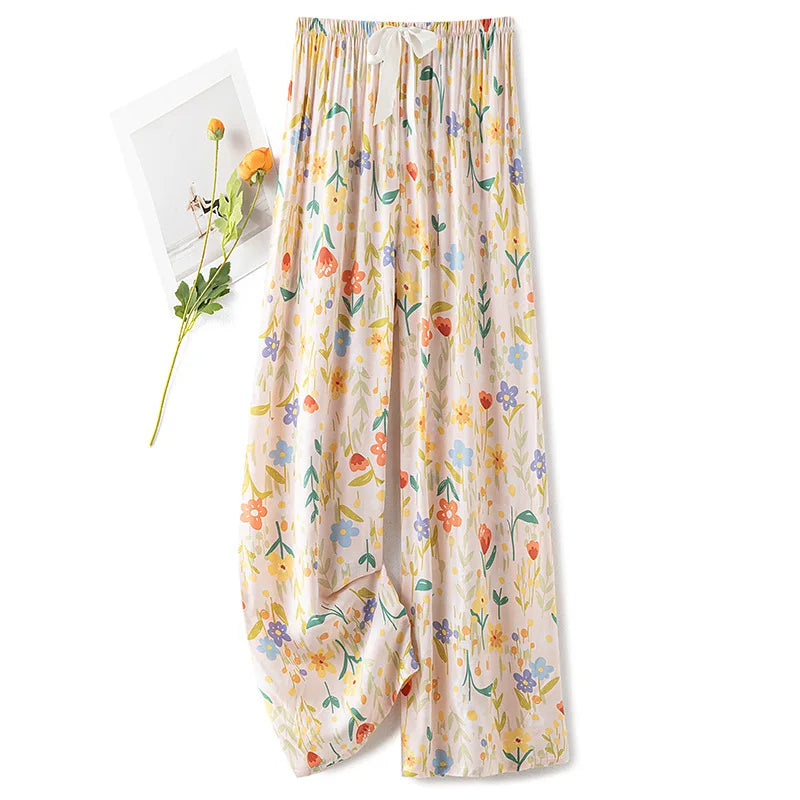 Women Casual Autumn Wide Leg Pants Floral Beach Trousers High Waist Boho Ethnic Style Calf Pants Four Season Girls Home Clothes