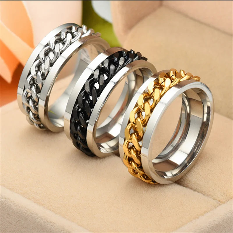 Titanium Steel Rotatable Chain Fidget Spinner Mens Rings Multifunction Anti Stress Knuckle Ring Accessories Anillo Hombres
