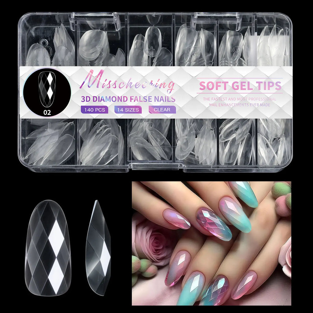 120/140Pcs 3D Diamond Almond Ballet Coffin False Nails Clear Press On Nails For Acrylic Gel Reusable Fake Tips DIY Nail Supplies