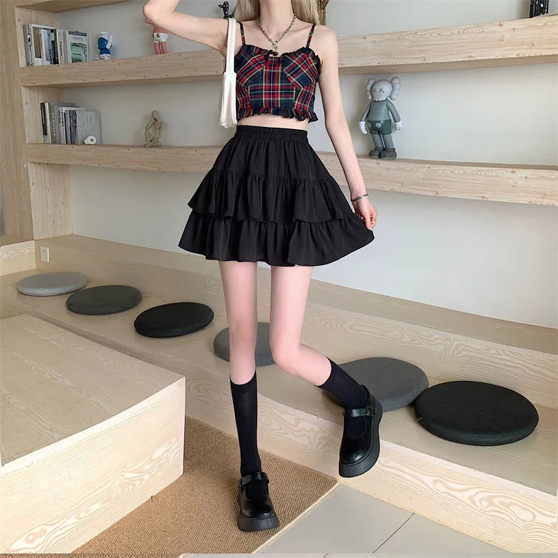 Pleated A-line Skirt White Women Ruffles Sweet Hottie Preppy Style Elastic Elastic Waist Slim Thin SimpleCasual Summer Wholesale