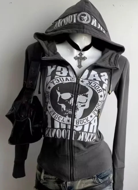 Slim Fit Spicy Girl Vintage Versatile Leopard Printed Black Sweatshirts Gothic Harajuku Autumn/winter Cardigans Kawaii Clothes