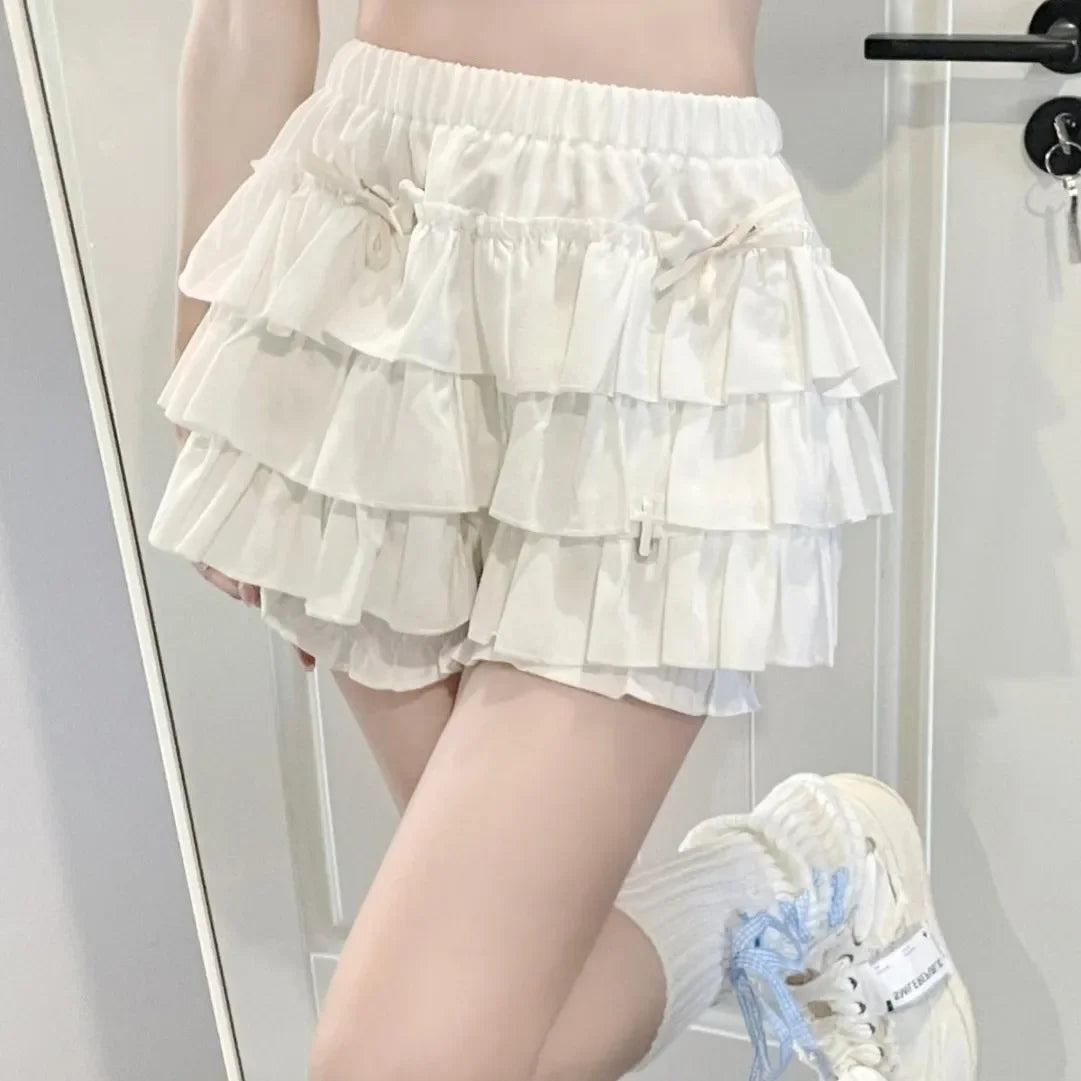 Puffy Cake Mini Skirts Women Ruched Ruffle High Waist Solid All-match Sweet Lovely Girls College Harajuku Trendy Streetwear Ins