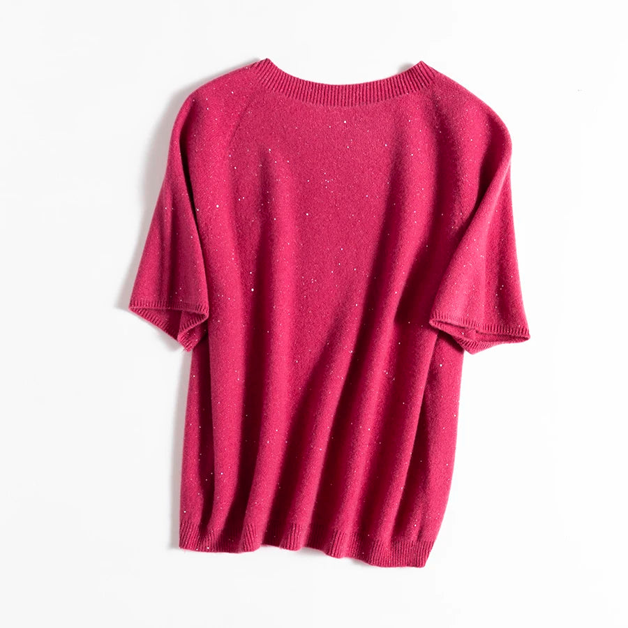 SuyaDream, 100%Merino Wool Pullovers for Woman, Round Neck, Short Sleeved Sweaters, 2025 Fall Winter Soft Warm Top, Pink, Olive