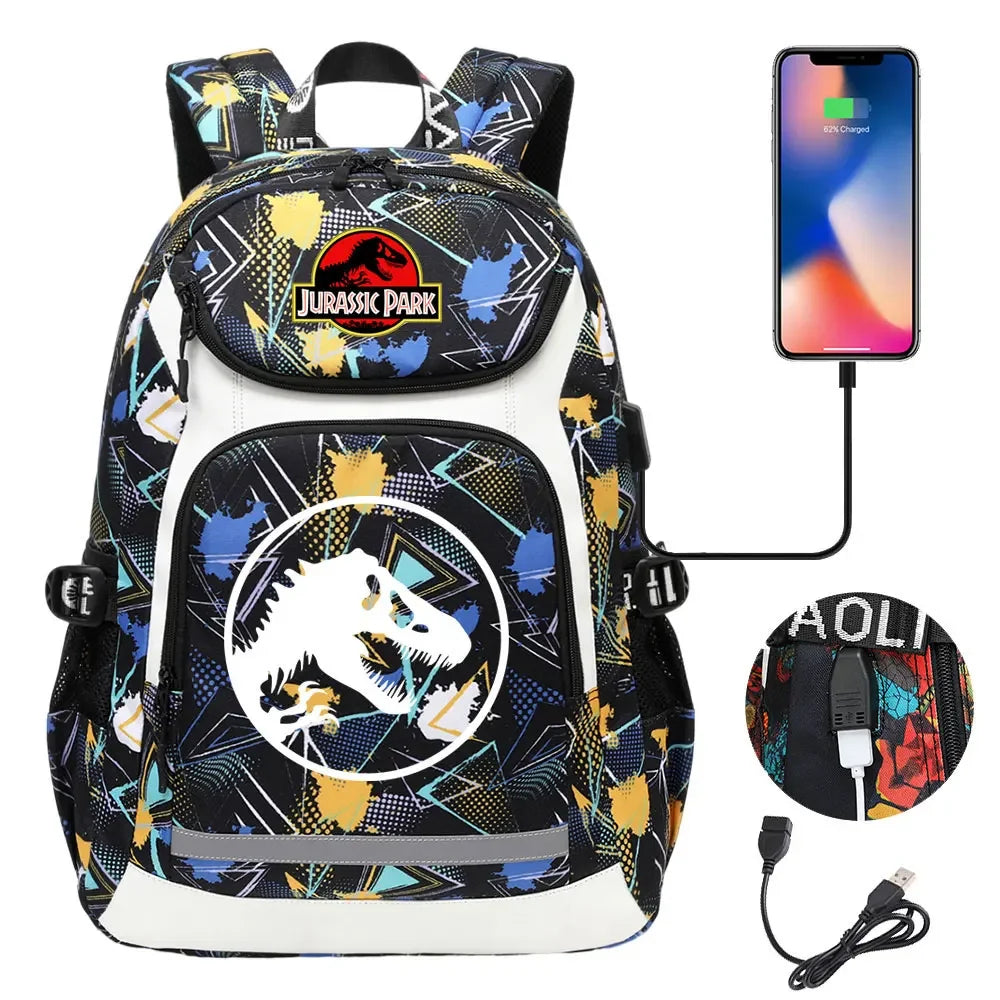 Jurassic World Park Dinosaur Girls Boys Kids School Book Bags USB Teenagers Schoolbags Women Men Laptop Travel Backpack