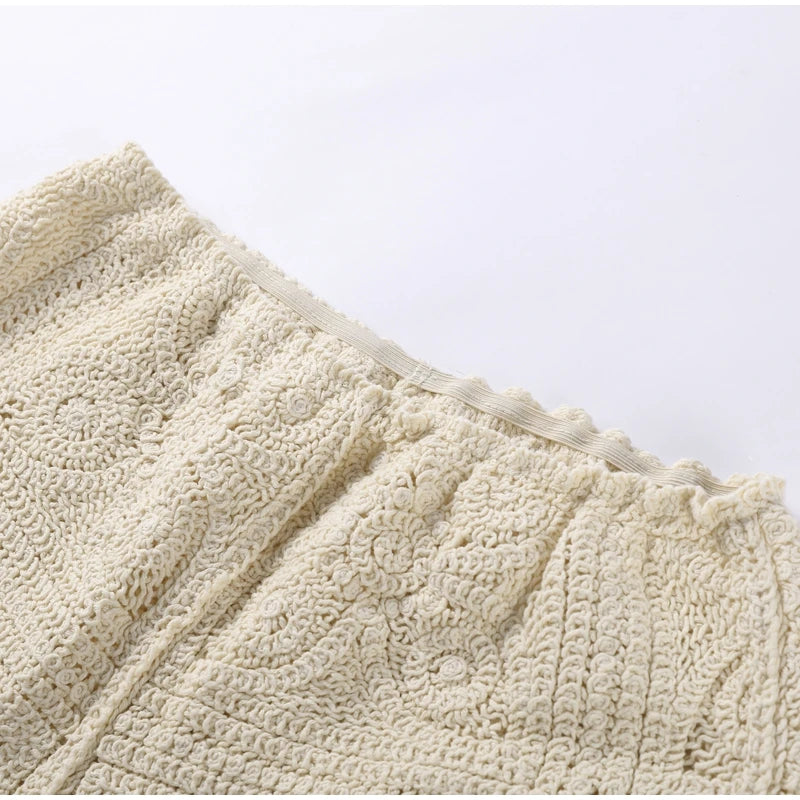 Sweater Crochet Tops Shorts Women Set Lapel Single Breasted Short Top Crochet Flower Hollow Out Shorts Casual Loose Woman Suits