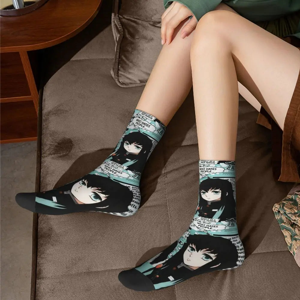 Custom Giyuu Tomioka Demon Slayer Men Women Crew Socks Unisex Kawaii Kimetsu No Yaiba Spring Summer Autumn Winter Dress Socks