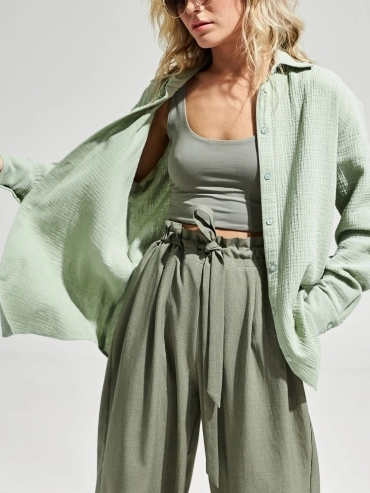 Bornladies 2025 Women's Spring Summer 100% Cotton Shirts Office Lady  Fashionable Solid Lady Long Sleeve Loose Tops Crepe Shirts