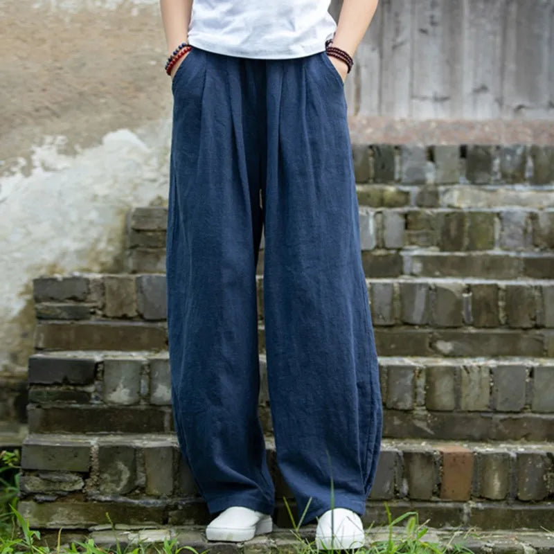 Johnature Women Vintage Solid Color Long Pants Linen Elastic Wasit 2025 Spring New Trouser Pockets Loose Women Straight Pants