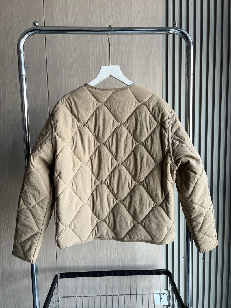 ETJ 2025  Spring new women's vintage crewneck quilted cotton-padded loose version of quilted casual jacket