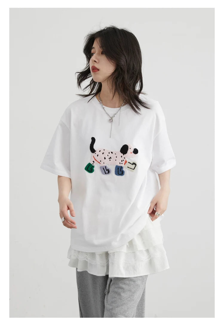 CHIC VEN Women T-Shirts Loose Streetwear Unisex Fun Dog Embroidered Short Sleeve Cotton Girl Tees Female Top Summer 2025