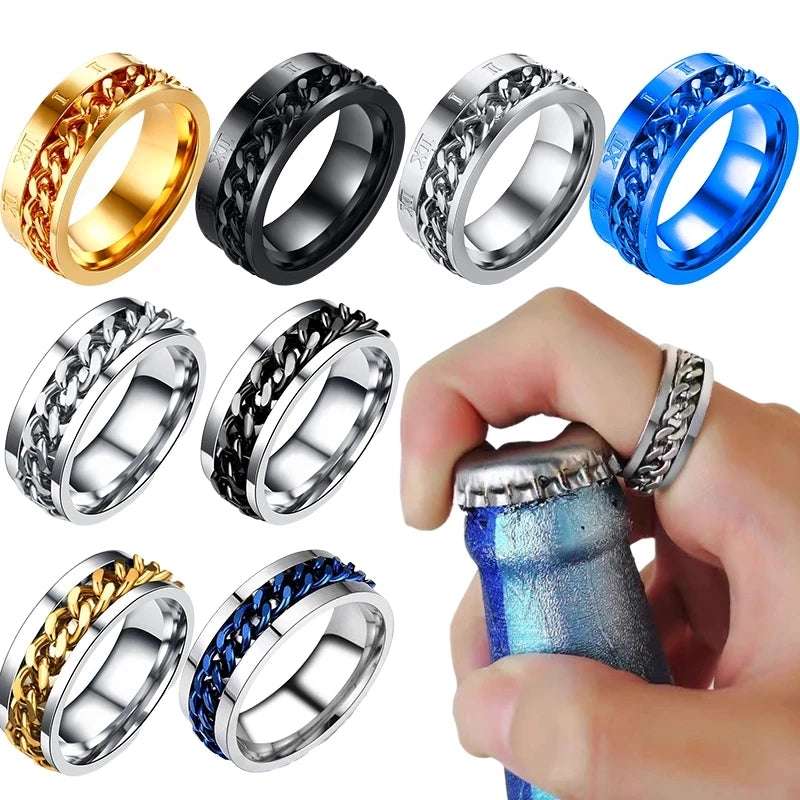 Titanium Steel Rotatable Chain Fidget Spinner Mens Rings Multifunction Anti Stress Knuckle Ring Accessories Anillo Hombres