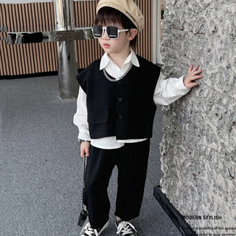 2026 Children Sets Shirts Turn-down Collar Vest Single Breasted Pants Ankle Length Loose Solid Soft Simple Casual Autumn Boys
