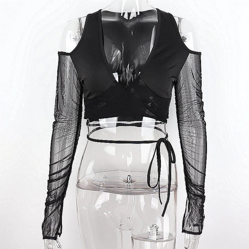 Sexy Black Crop Tops Streetwear Women Fashion 2024 Lace Up Bandage V Neck Cut Out Long Sleeve T Shirts