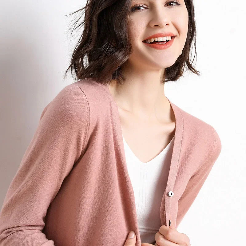 2025 Women Cardigans Long Sleeve Knitted Outerwear Solid Thin Spring Autumn Sweaters V-neck Knitwears Korean Fashion Cardigans