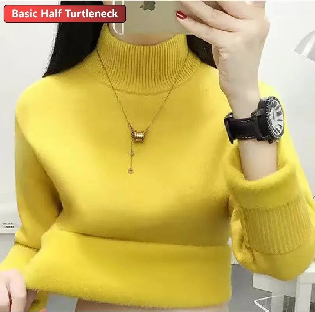 Winter Warm Sweater Pullover Women Slim Thicken Plush Velvet Lined Knitwear Jumper Korean Half Turtleneck Poleras Soft Knit Tops