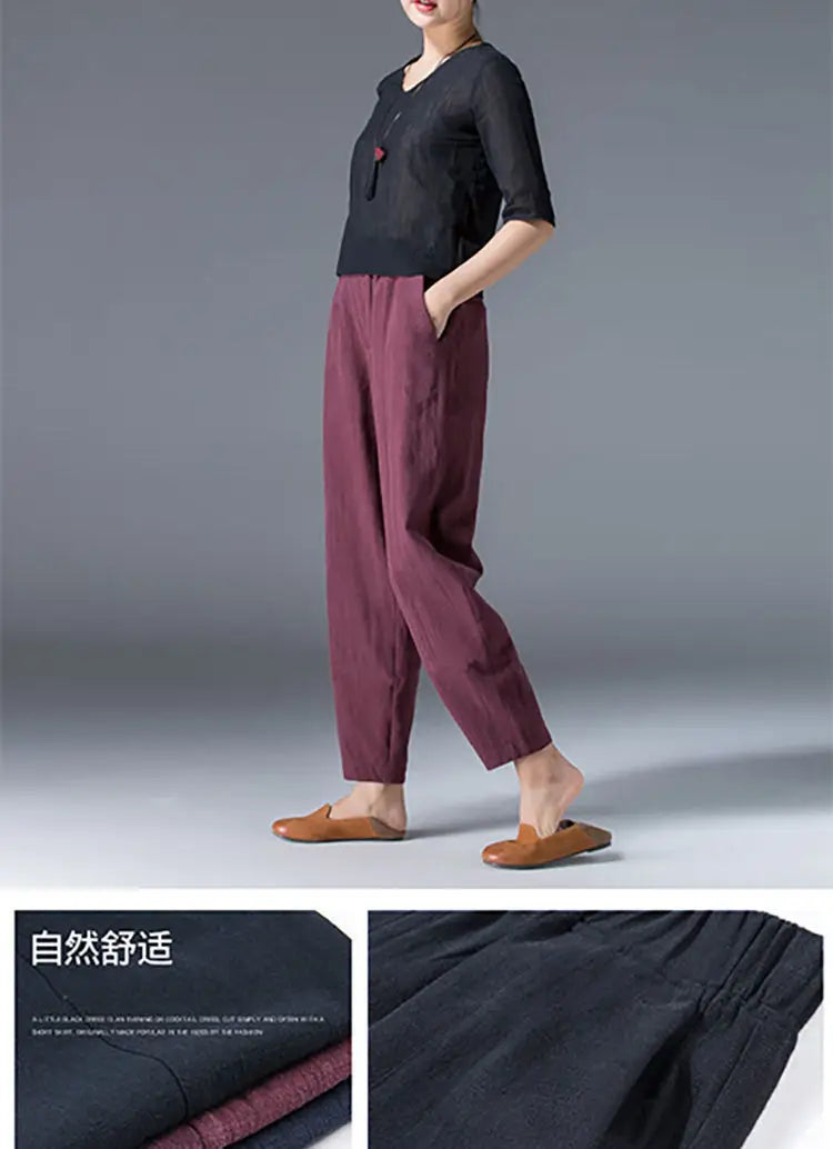 Cotton Wide Leg Pants Female Loose Oversized Solid Color Harem Summer Casual Elastic Waist Ankle-length Pants Women Clothing