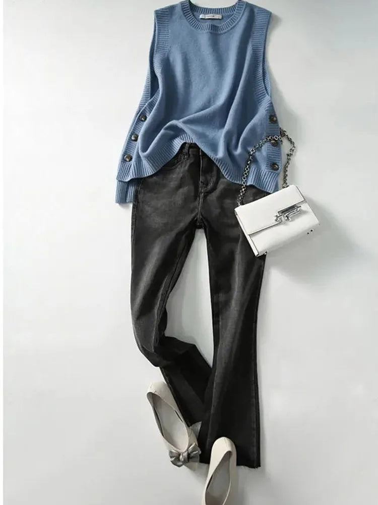 Fashion knit sweater vest College style under three-button solid color crew neck casual all-match pullover sweater for women
