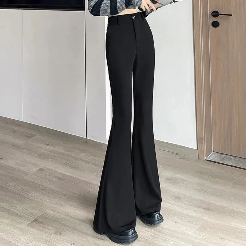 Women's High-Waisted Flared Pants Slim Fit Formal Trousers with Button Closure
