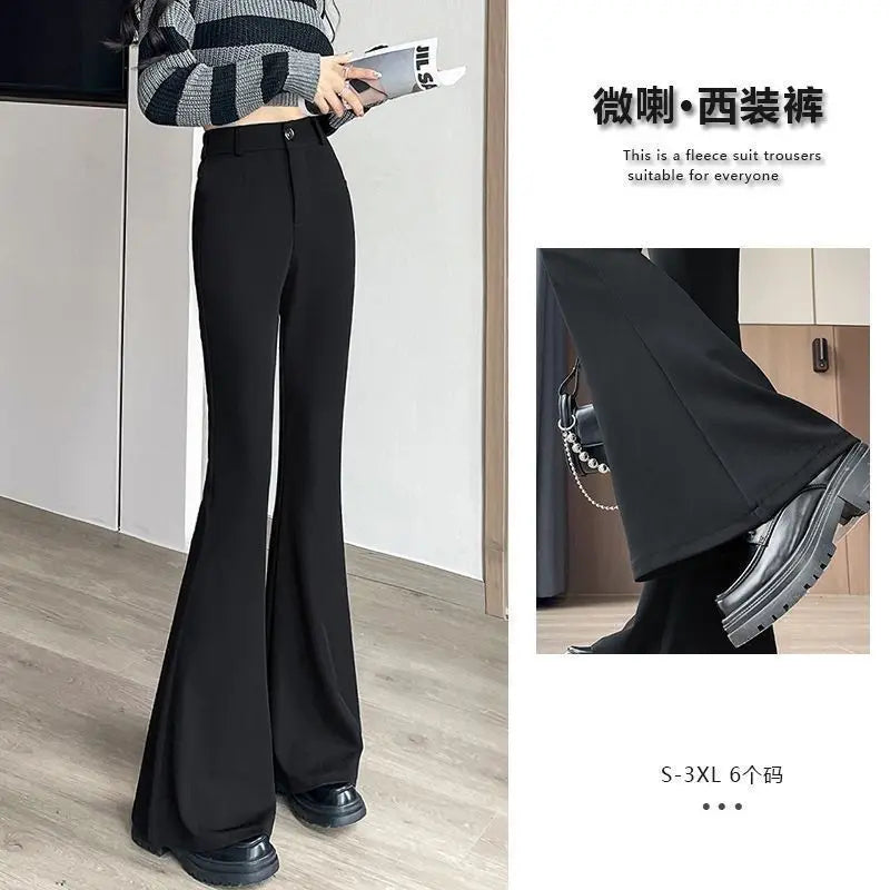 Women's High-Waisted Flared Pants Slim Fit Formal Trousers with Button Closure