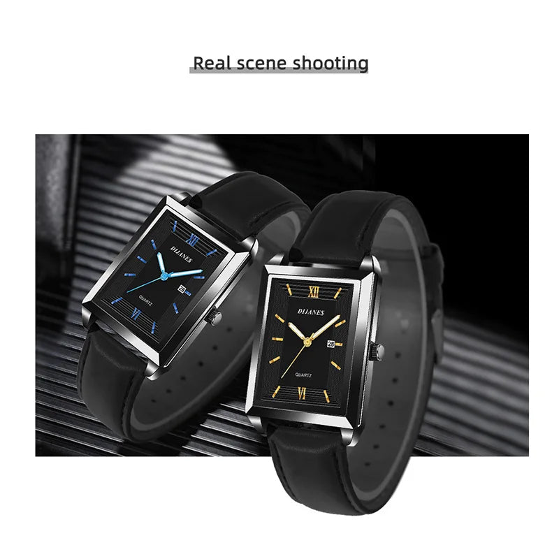 New Casual Leather Men's Square Quartz Watch Korean Student Calendar Watch Men Relojes Para Hombres