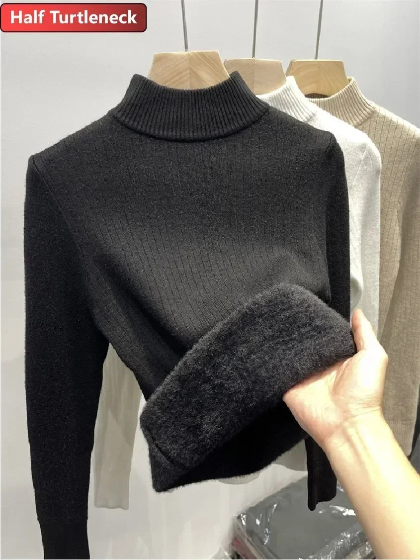 Winter Warm Sweater Pullover Women Slim Thicken Plush Velvet Lined Knitwear Jumper Korean Half Turtleneck Poleras Soft Knit Tops