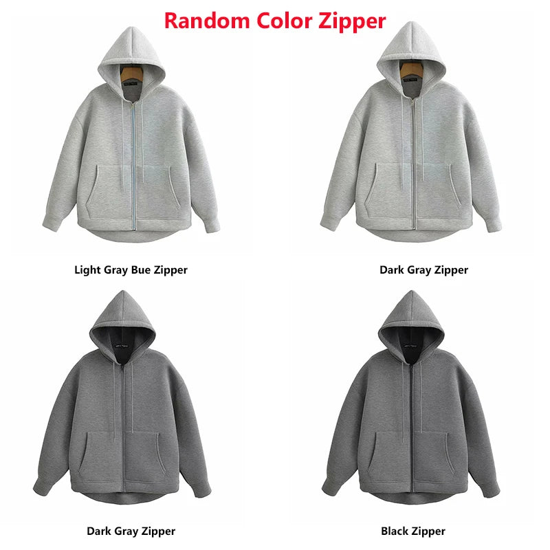 Alobee Autumn Women Gray Black Jacket With Hood Long Sleeve Zipper Jacket Coat Woman Loose Casual Big Pocket Outerwear Coat Tops