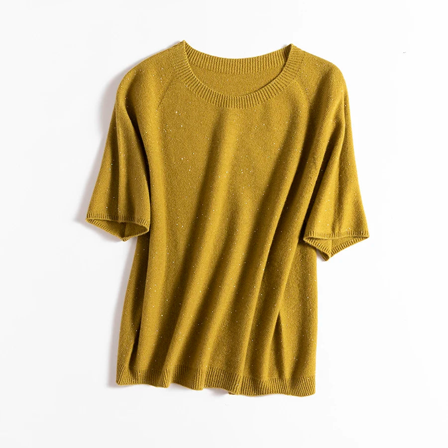 SuyaDream, 100%Merino Wool Pullovers for Woman, Round Neck, Short Sleeved Sweaters, 2025 Fall Winter Soft Warm Top, Pink, Olive