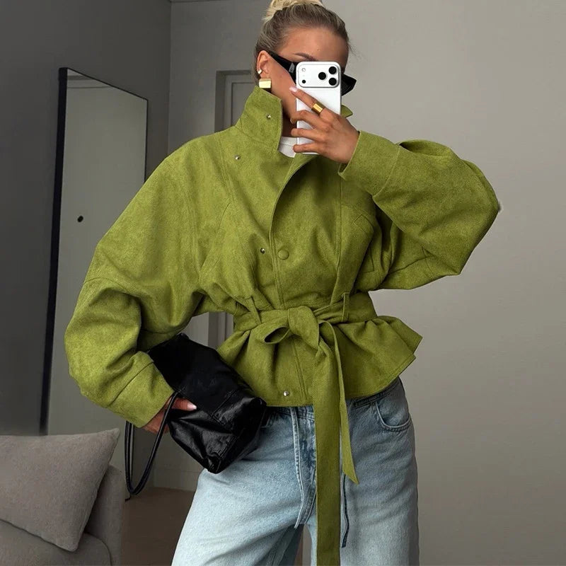 Street Women's Faux Suede Belt Lace Up Jacket Loose Green Lapel Button Full Sleeve Coats 2026 Spring Summer Lady Casual Outwear