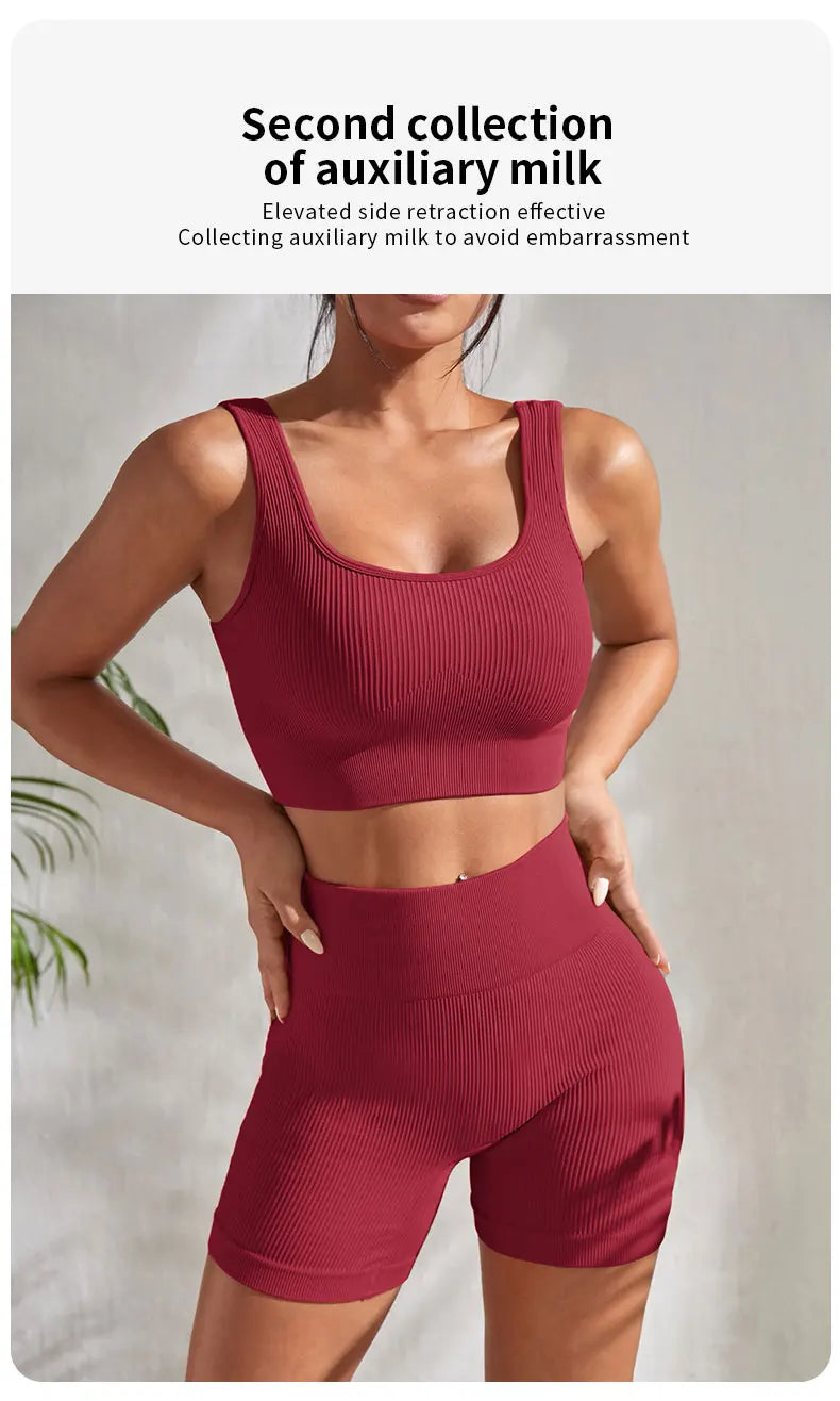 Seamless Ribbed Fitness Set for Women Solid Color Knit 2 Piece Workout Outfit Crop Tank High Waist Shorts Yoga Running