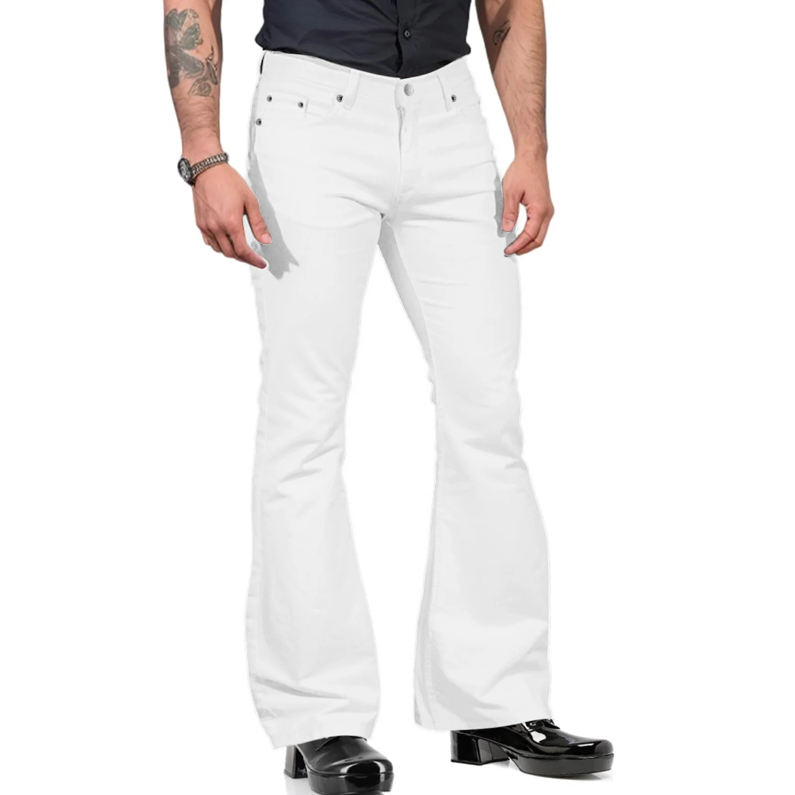 Retro-inspired Flared Pants Men's Vintage Bell Bottom Wide Leg Jeans Solid Color Stretchy Slim Fit Mid-rise for Fashionable