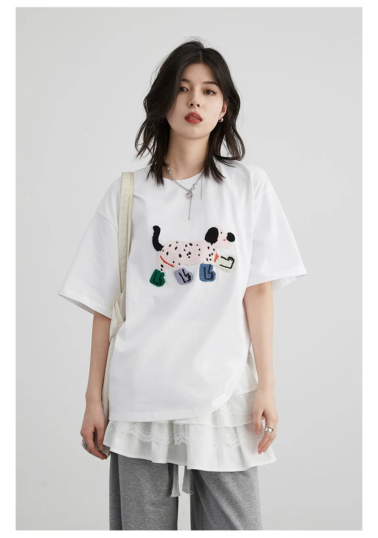 CHIC VEN Women T-Shirts Loose Streetwear Unisex Fun Dog Embroidered Short Sleeve Cotton Girl Tees Female Top Summer 2025