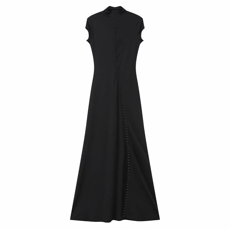 Black Women Hollow Out Slit Dress Sexy Short Sleeve Solid High Neck Slim Fit Maxi Dresses Lady Fashion Evening Party Club Robe