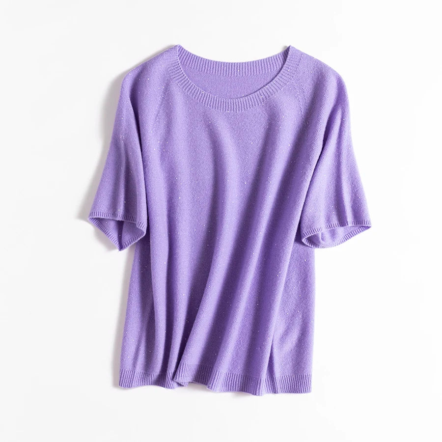SuyaDream, 100%Merino Wool Pullovers for Woman, Round Neck, Short Sleeved Sweaters, 2025 Fall Winter Soft Warm Top, Pink, Olive